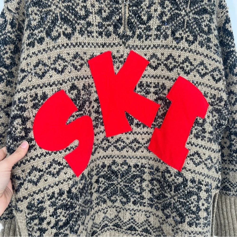 Free People Mt. Snow "SKI" Half Zip Collared Winter Knit Pullover Tunic Sweater - Picture 7 of 11